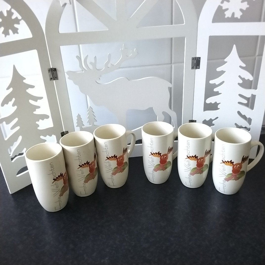 6 Duitse ( kerst) mokken met frohe weihnachten, Ophalen of Verzenden, Porselein, Overige stijlen, Kop(pen) en/of Schotel(s)