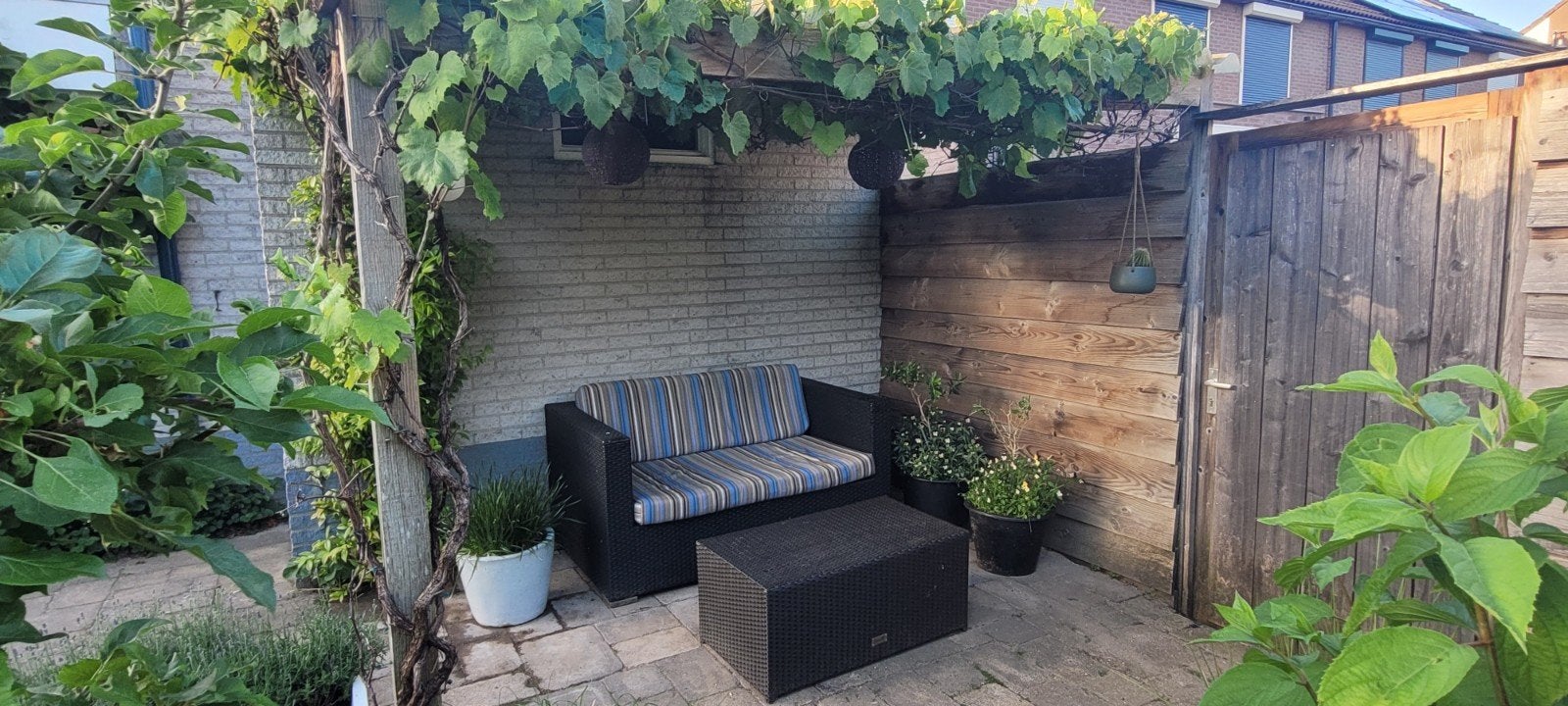 Gebruikte loungeset met vrolijke kussens., Gebruikt, Bank, Loungeset, Wicker