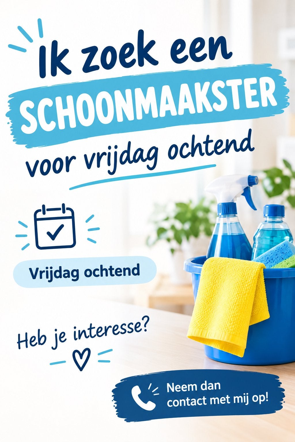Schoonmaakster gezocht voor 3 a 4 uur per week, Vacatures