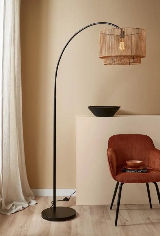 Booglamp / vloerlamp zwart metaal met touw, Ophalen, Gebruikt, E27 (groot), Metaal