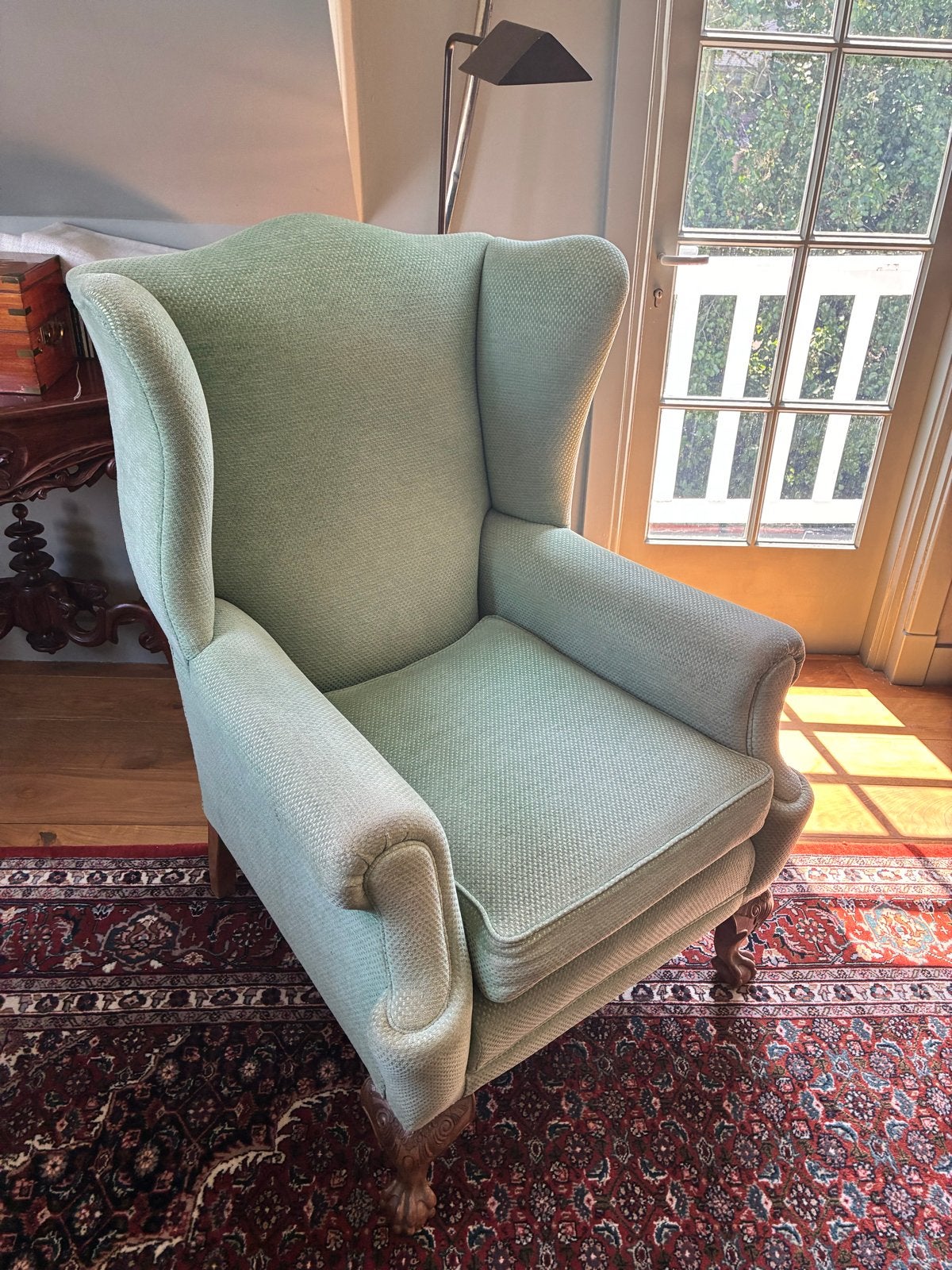 Klassieke oorfauteuil in lichtgroen, Huis en Inrichting, Stoelen, Ophalen, Gebruikt, Overige kleuren, Klassiek