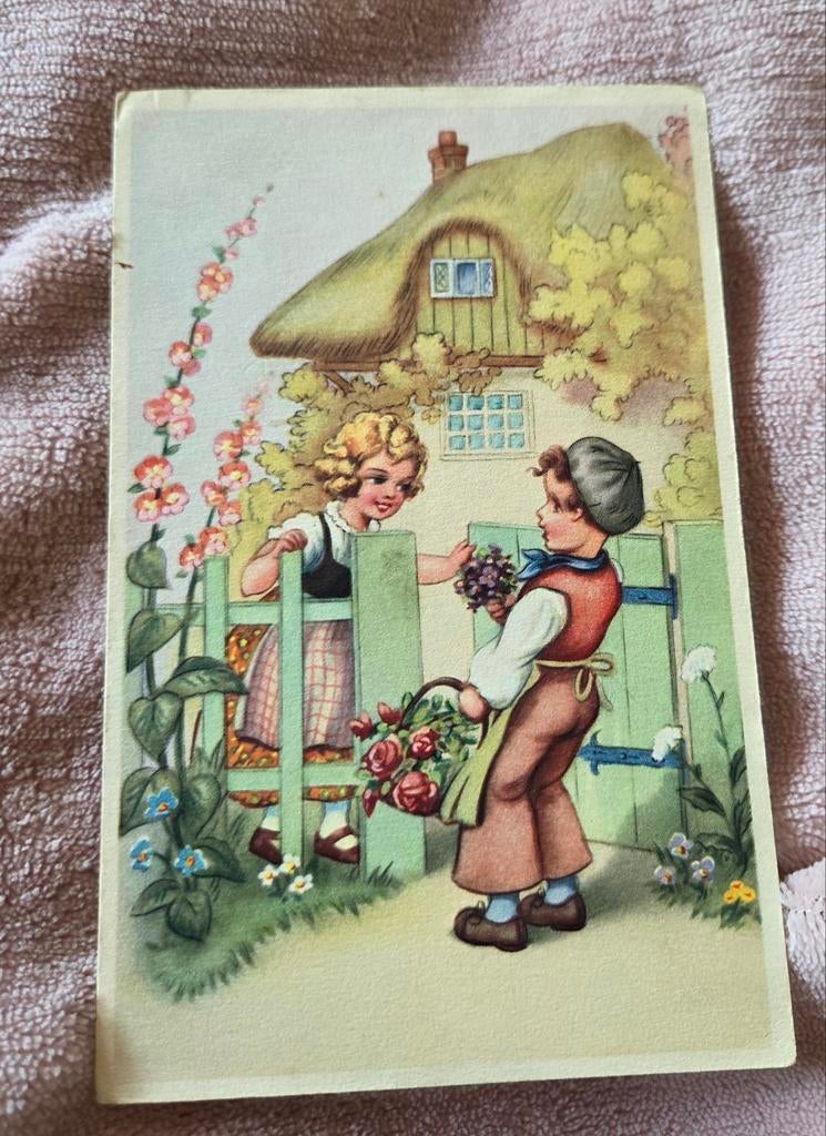 Jongen brengt meisje mand bloemen bij hek, Verzenden, 1940 tot 1960, Gelopen, Kinderen