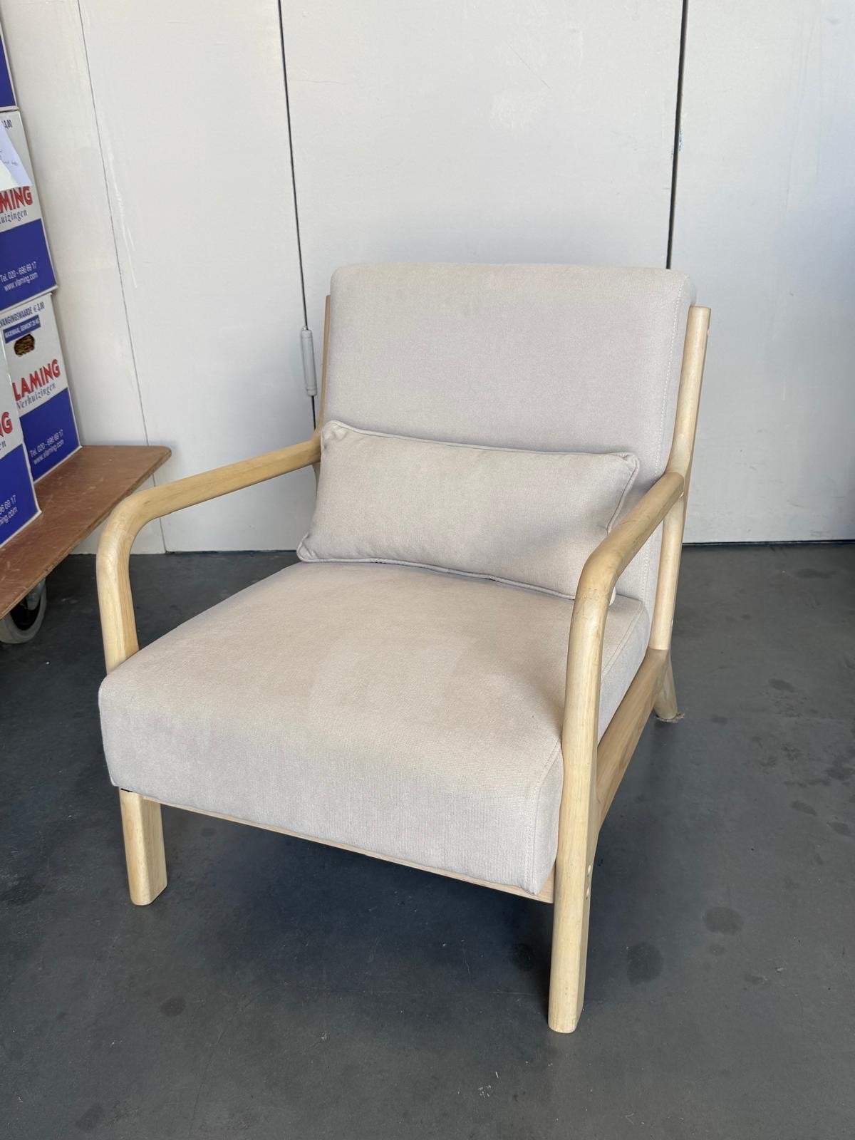 Woood fauteuil Mark beige met licht eiken, Ophalen, Zo goed als nieuw, 75 tot 100 cm, 50 tot 75 cm