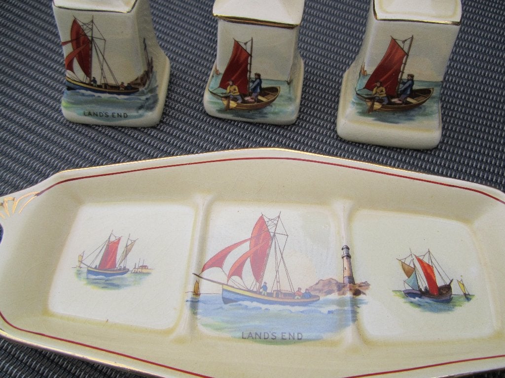 Peper, zout en mosterd stel met lepeltje  /  oud Engels, Antiek en Kunst, Antiek | Keramiek en Aardewerk, Ophalen of Verzenden