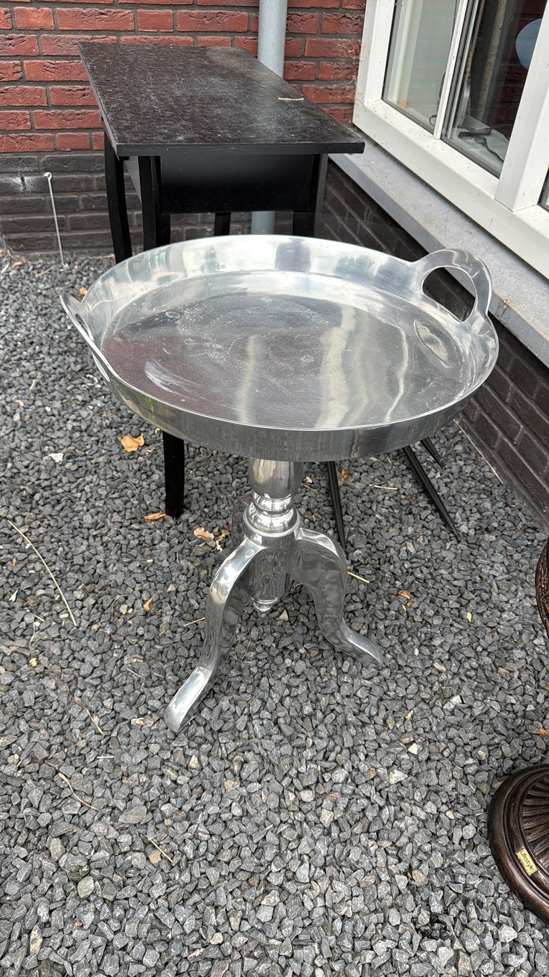 Bijzettafeltje zilver kleurig, Ophalen, Minder dan 55 cm, Gebruikt, Metaal of Aluminium