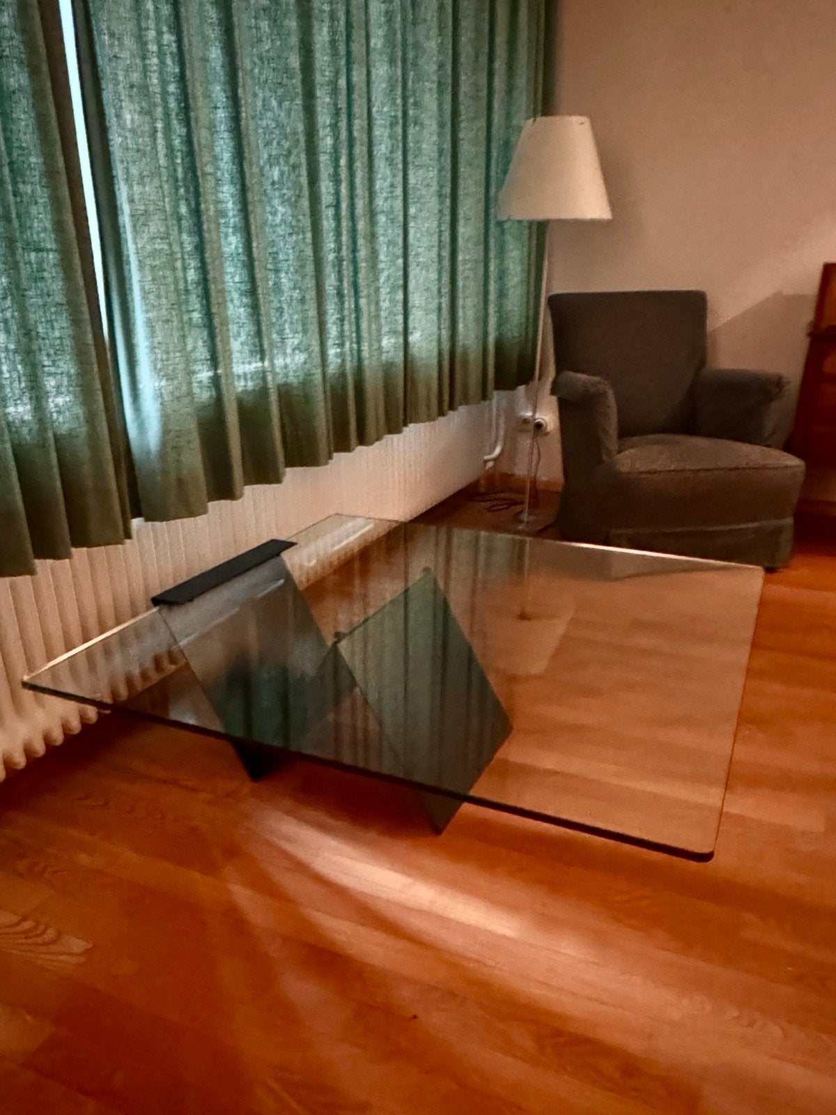 Vintage design salontafel glas zwart staal, Ophalen, 100 tot 150 cm, 50 tot 100 cm, Glas