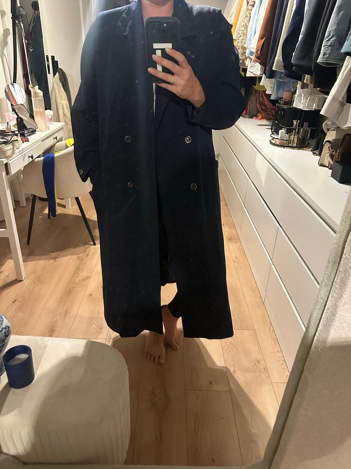 Vintage Donkerblauwe Trenchcoat - Fitwell Fashion L/XL, Ophalen of Verzenden, Gedragen, Maat 38/40 (M), Blauw