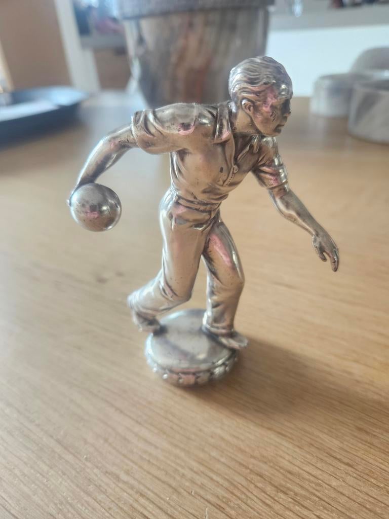 Vintage Tinnen Bowling Beeldje - Uniek Decoratiestuk, Ophalen of Verzenden