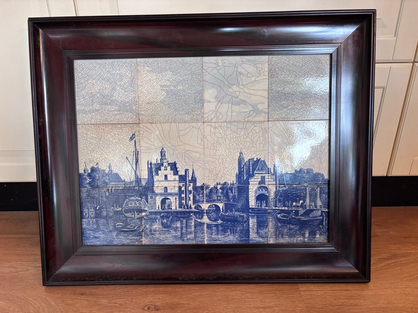 Antiek Delfts Blauw Tegeltableau - Grachtgezicht, Antiek en Kunst, Antiek | Wandborden en Tegels, Ophalen