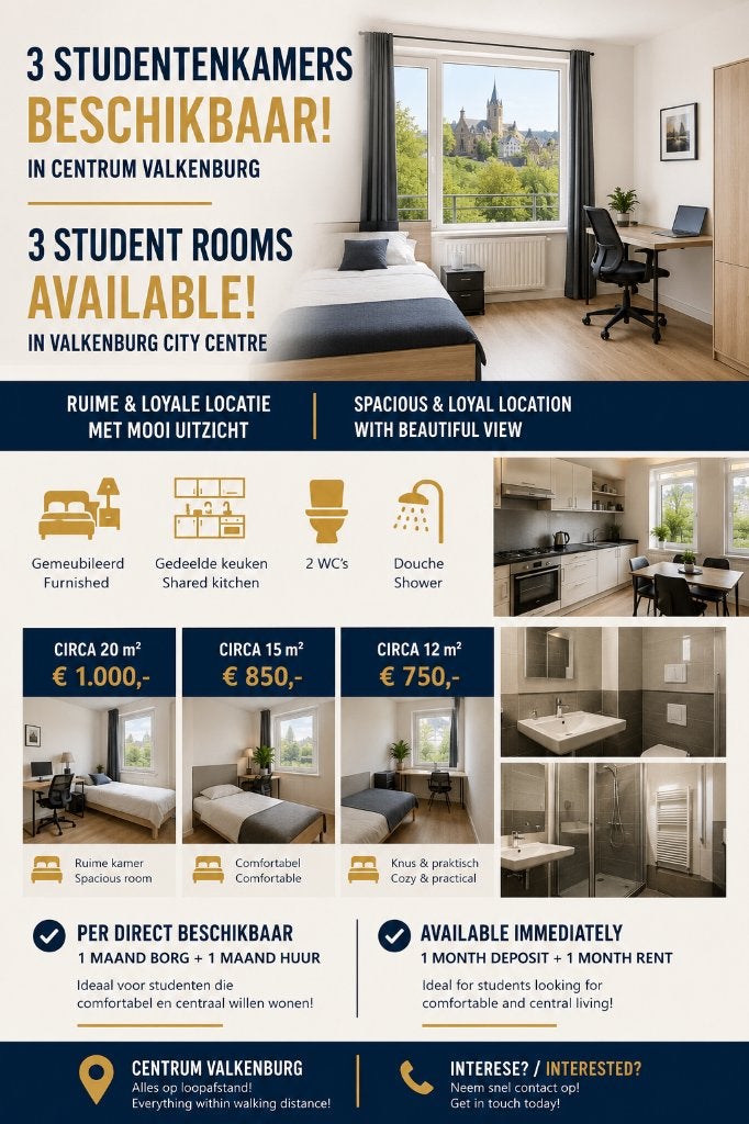 3 studentenkamers te huur /  for rent 3 studentrooms