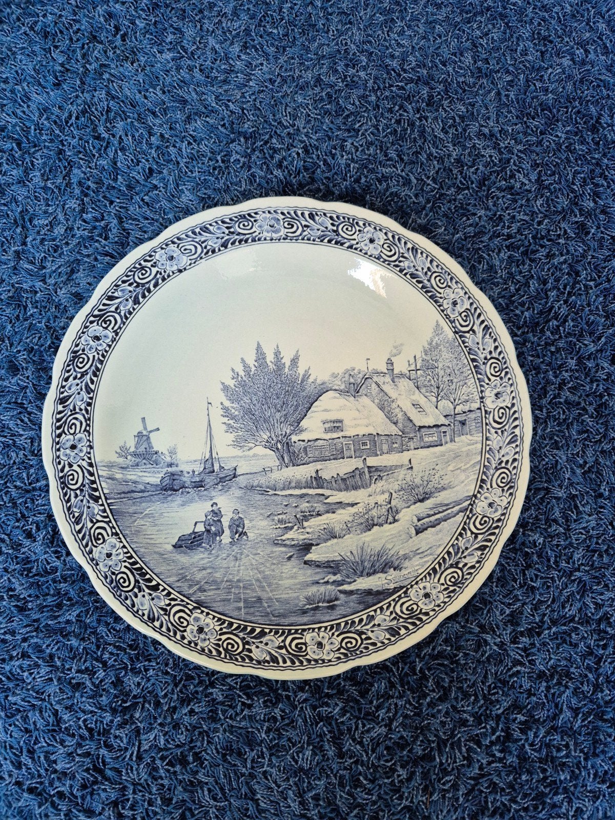 Vintage Delfts Blauw wandbord met winterlandschap, Ophalen