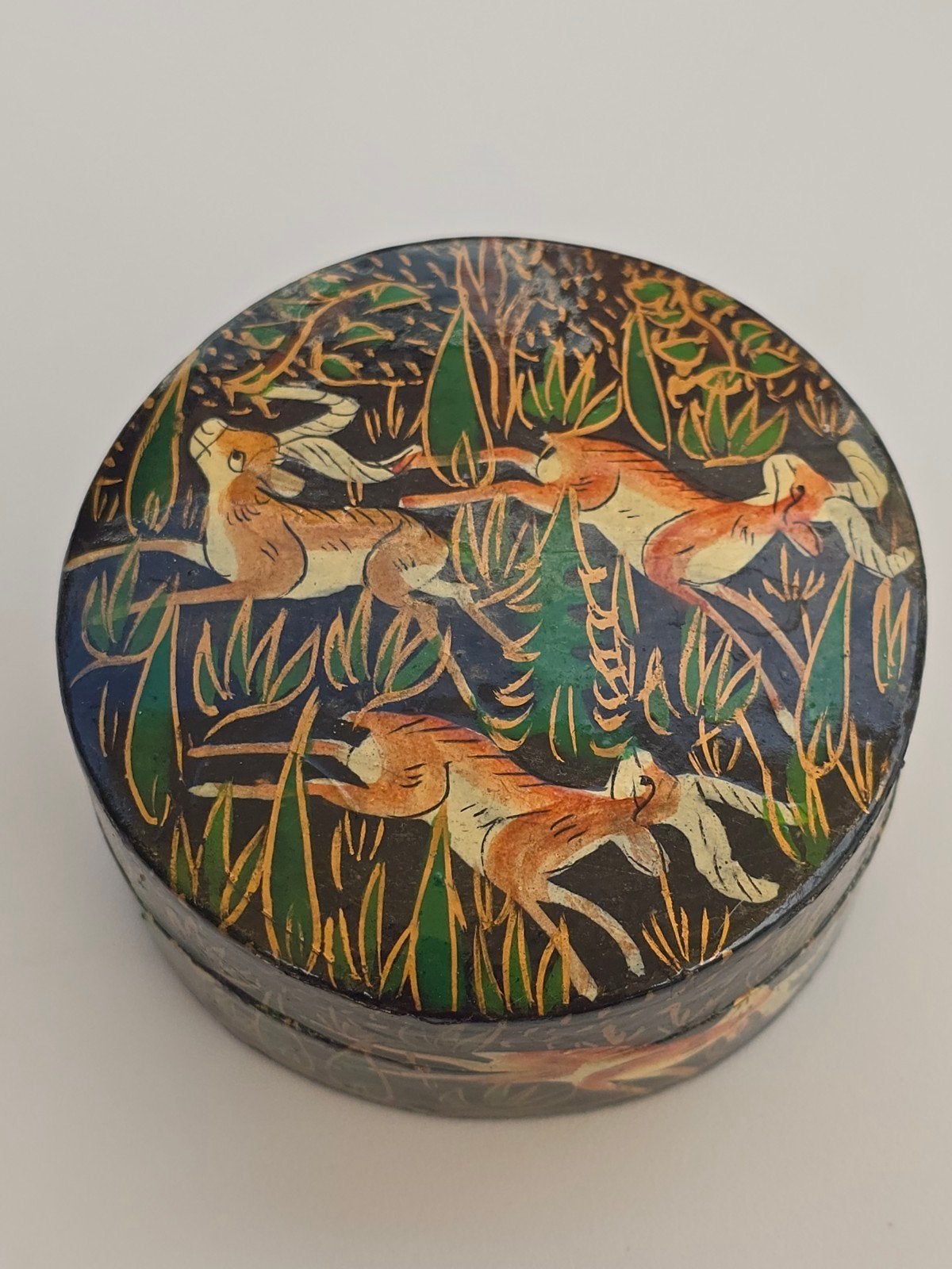 Antieke kasjmierdoos papier-maché, handgeschilderde gazellen, Ophalen of Verzenden