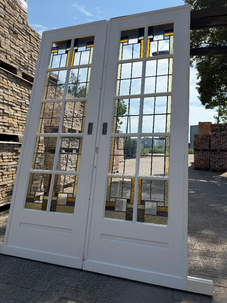 Set schuif / en-suite deuren met glas in lood 216x145cm., Antiek en Kunst, Curiosa en Brocante, Ophalen