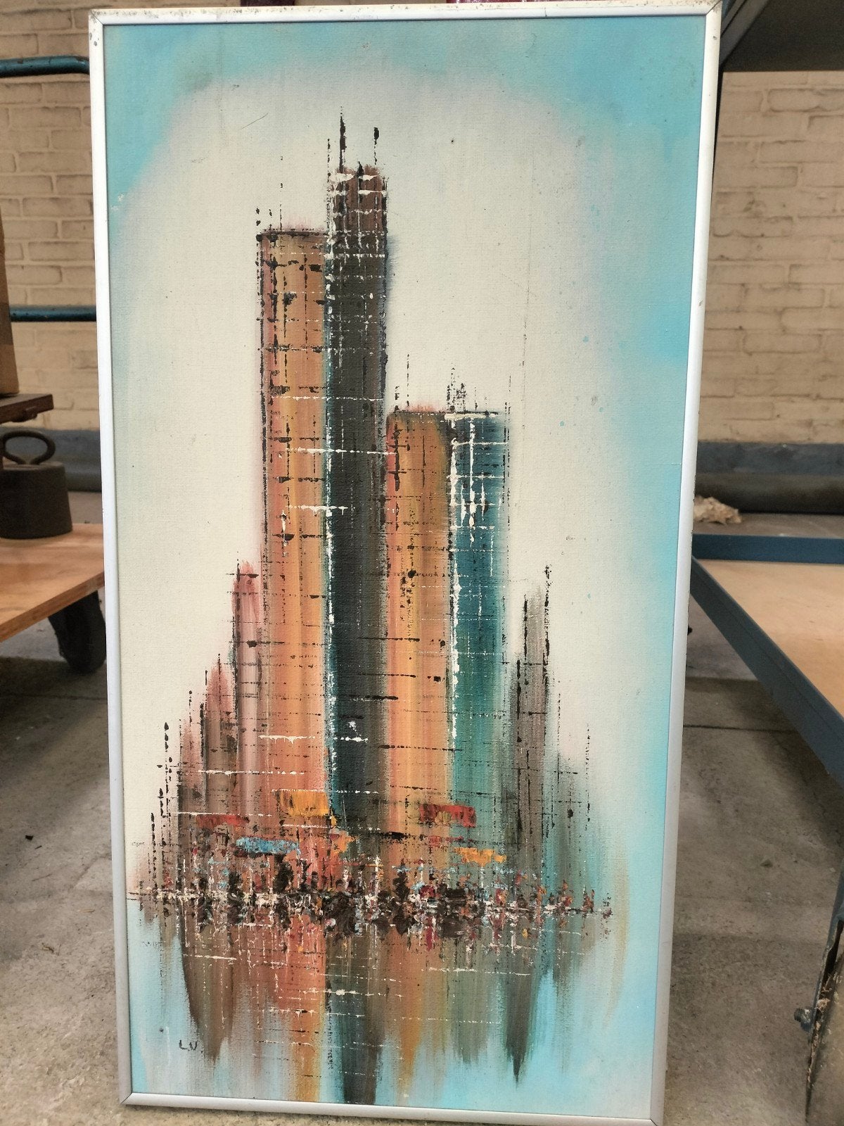 Vintage Olieverf Schilderij Abstracte Skyline Jaren '60/, Antiek en Kunst, Handgeschilderd, Ophalen of Verzenden, Olieverf, Stadsgezicht