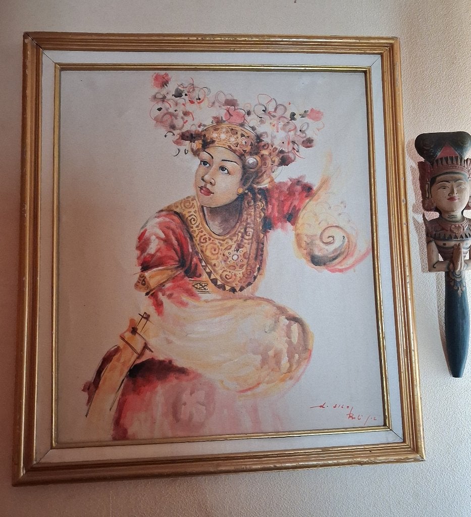 Bali Schilderij gesigneerd Sila Vintage / Kris Wayang Topeng, Ophalen, 88 cm, Indonesië, Geschilderd
