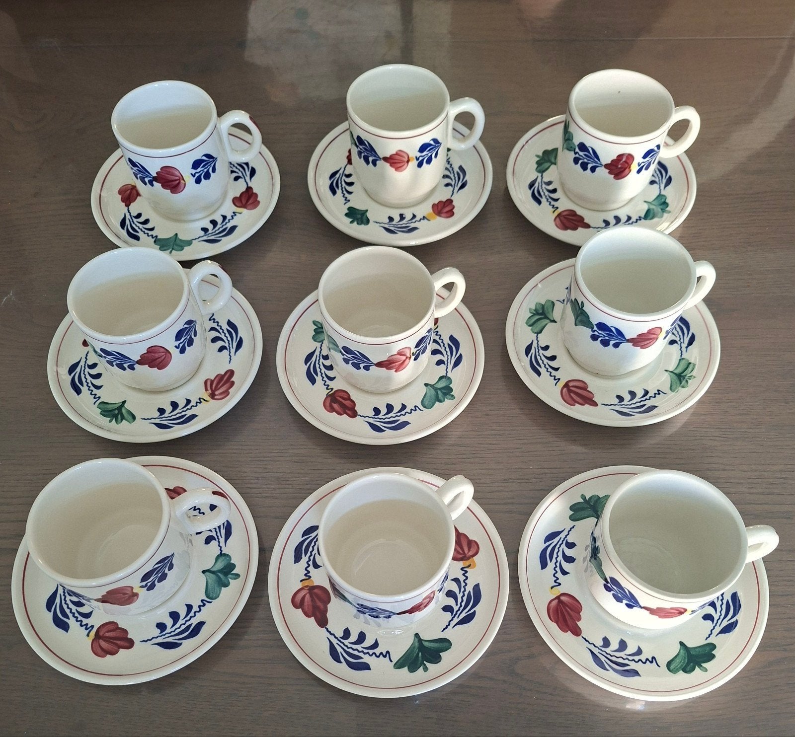 Negen Boerenbont koffiekopjes met schotels, Ophalen, Gebruikt, Overige merken, Keramiek