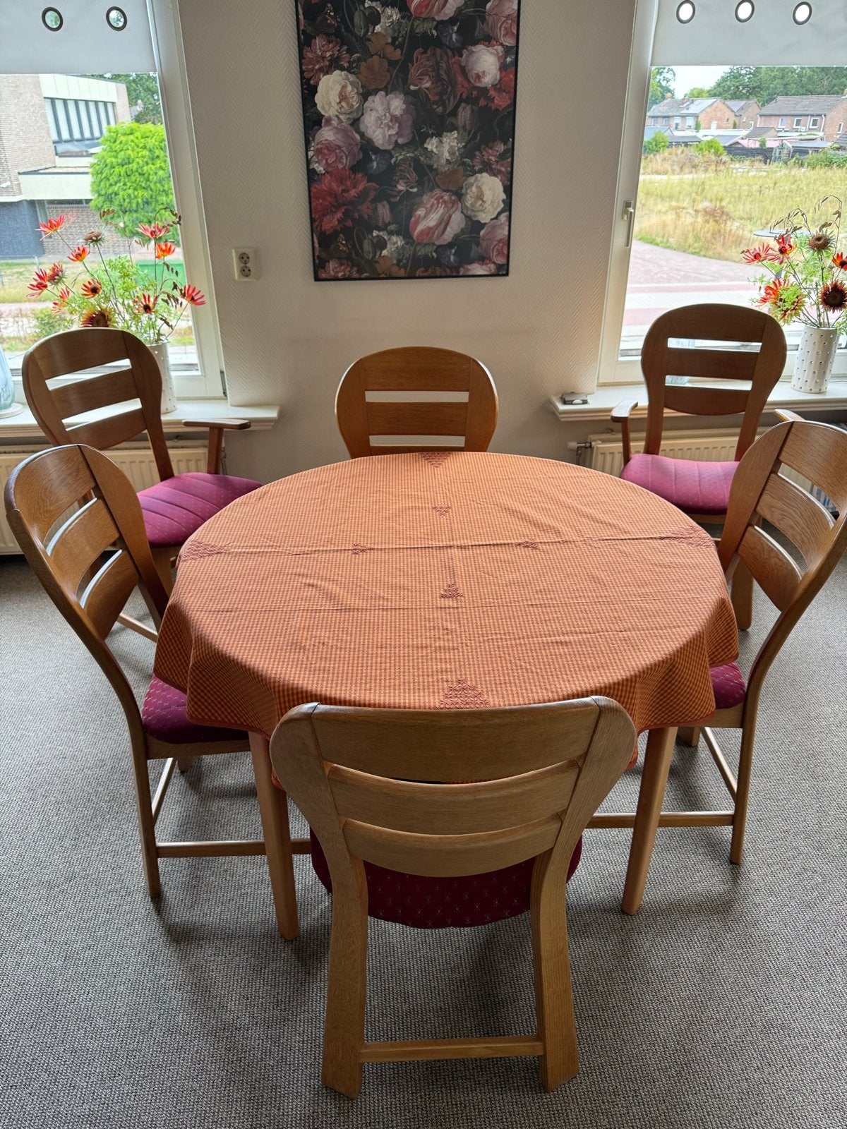 Gebruikte ronde uitschuifbare eettafel met 6 stoelen, Ophalen, Gebruikt, 100 tot 150 cm, Vijf personen of meer