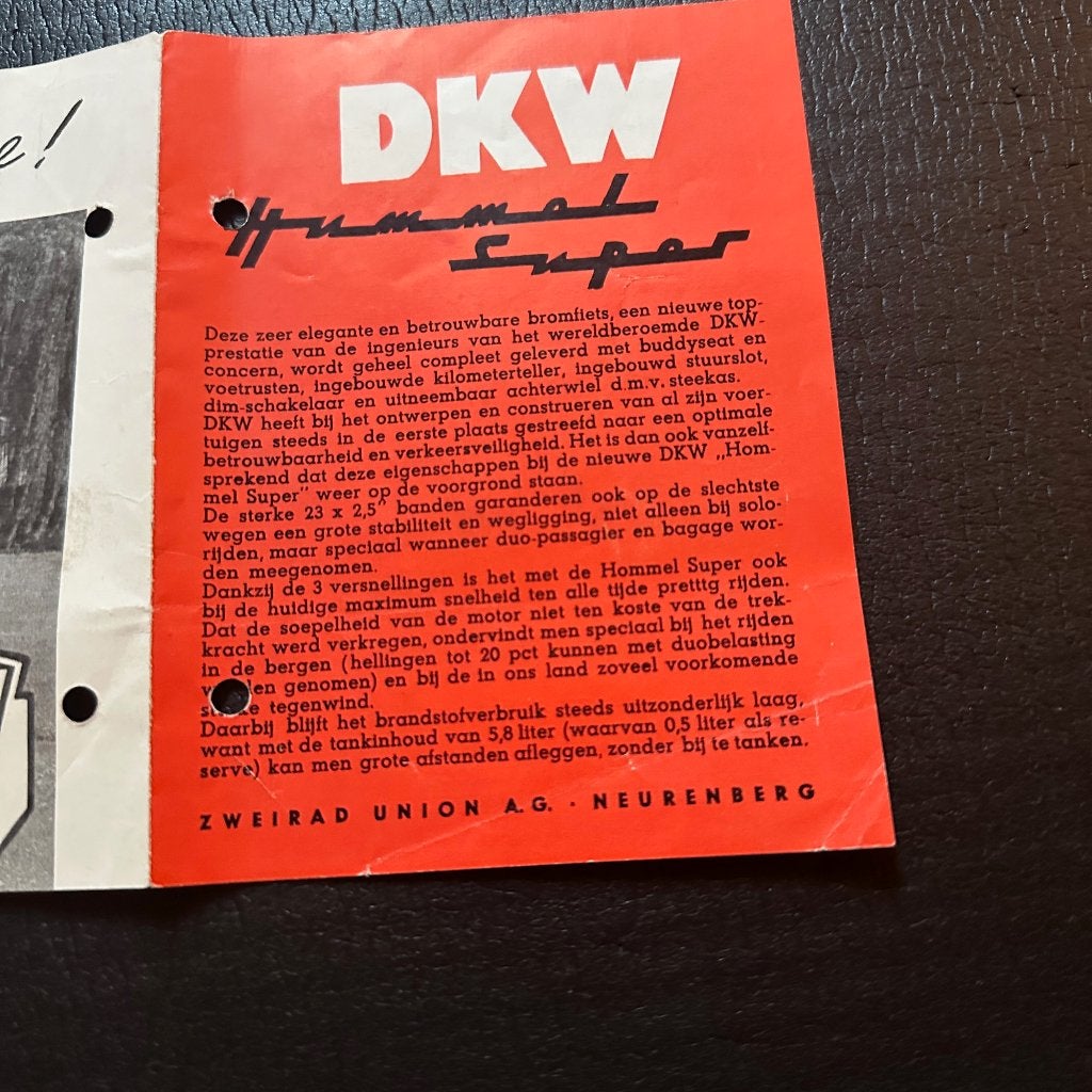 #4) DKW Hummel Super 1962 Bromfiets Folder, Verzenden, Gelezen, Folder