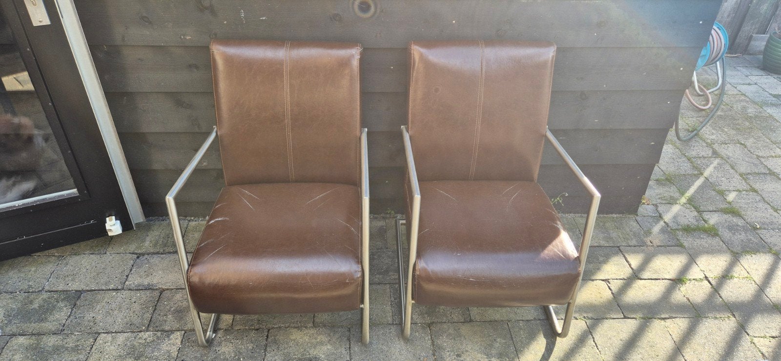 2 Bruin leren woonkamer stoelen, Ophalen, Gebruikt, Bruin