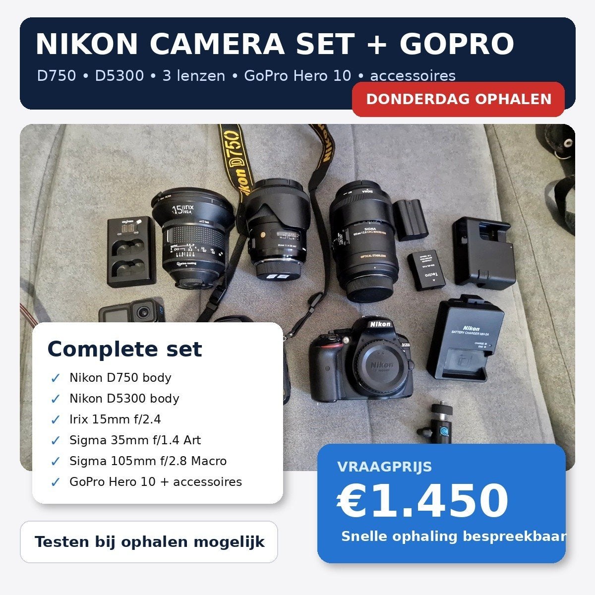 Nikon D750 & D5300 set met 3 lenzen en GoPro Hero 10, Audio, Tv en Foto, Fotocamera's Digitaal, Gebruikt, Spiegelreflex, Ophalen of Verzenden
