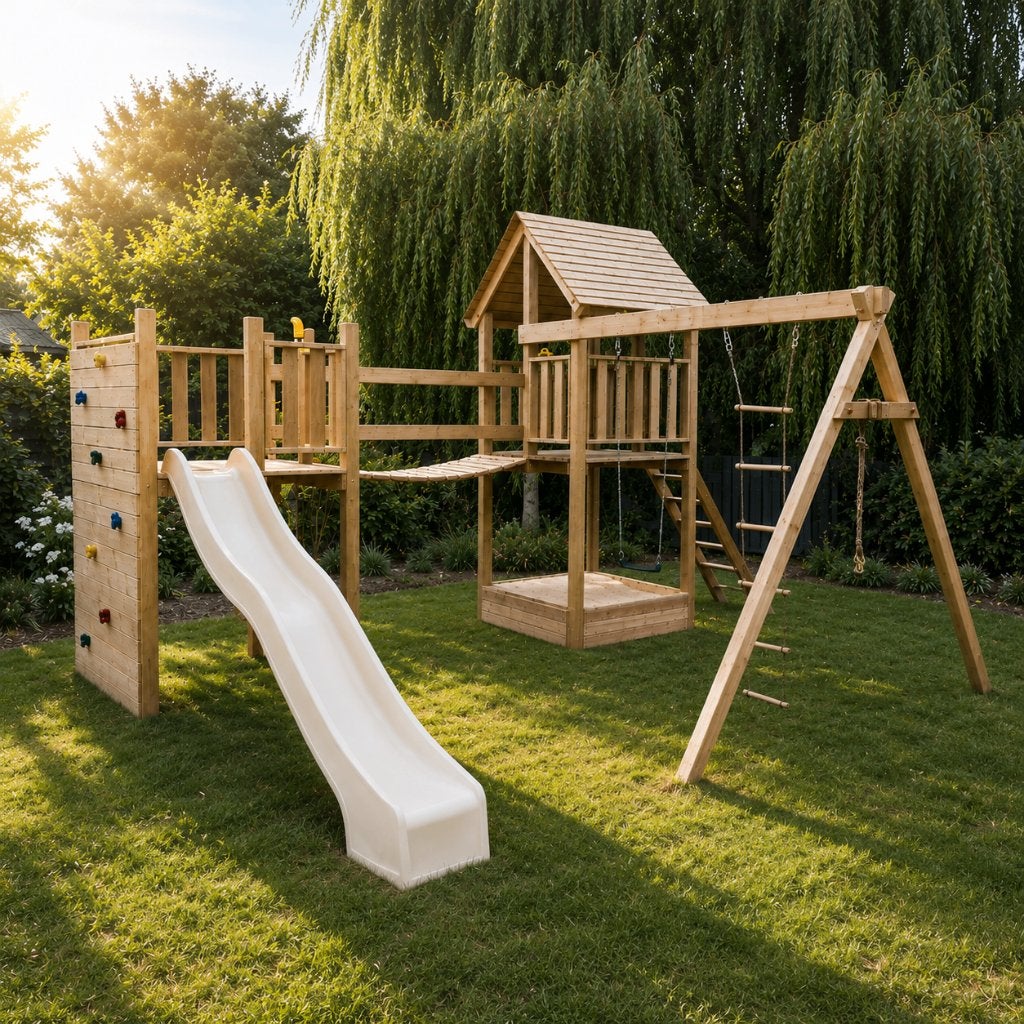 Dubbel speeltoren, klimwand, glijbaan, hangbrug en schommel, Welles Tuinhout, Mail@wellestuinhout.nl, Nieuw, Ophalen of Verzenden