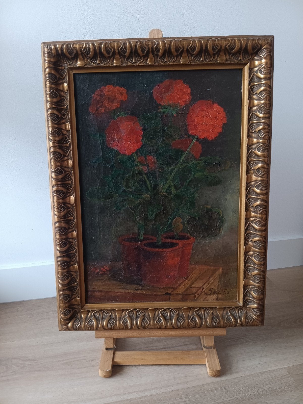 Stilleven met rode bloemen in potten, J. Sachs, Jugendstil, Antiek en Kunst, Kunst | Schilderijen | Klassiek, Ophalen, Overige stijlen