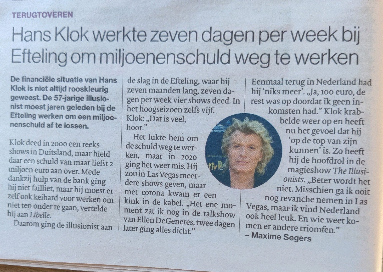 Efteling Krantenartikel -  Hans Klok, Ophalen of Verzenden, 1980 tot heden, Nederland, Knipsel(s)