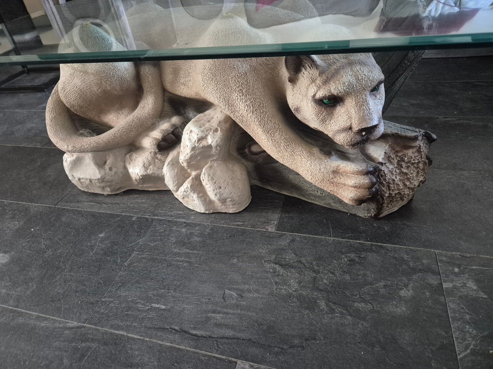 Salontafel met glazen blad en panter onderstel, Gebruikt, 100 tot 150 cm, Glas, 50 tot 100 cm
