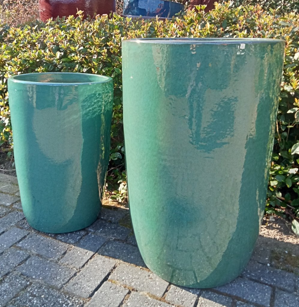 Geglazuurde pot Noble macciato of antic bleu of moss green., Tuin en Terras, Ophalen, Overige materialen, Minder dan 60 cm, Rond