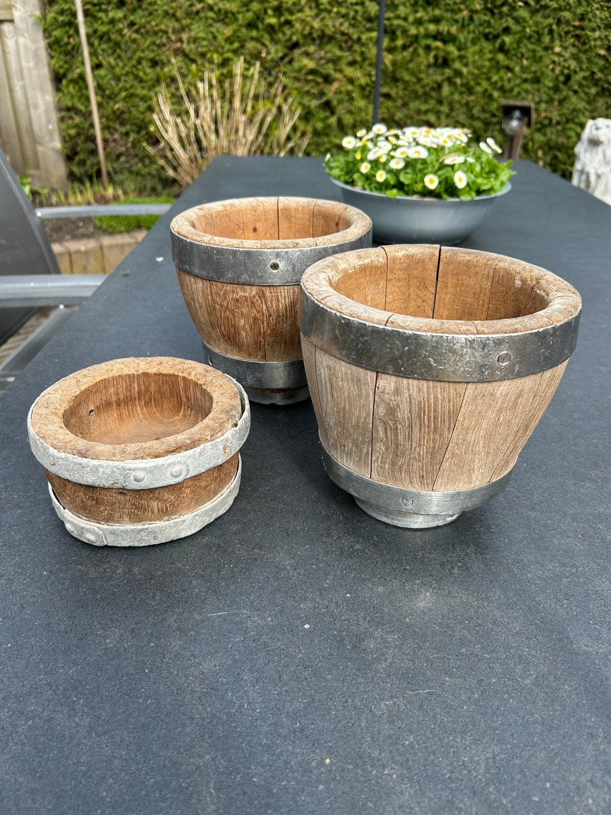 Set van 3 decoratieve houten kaas tonnetjes/potten, Antiek en Kunst, Ophalen