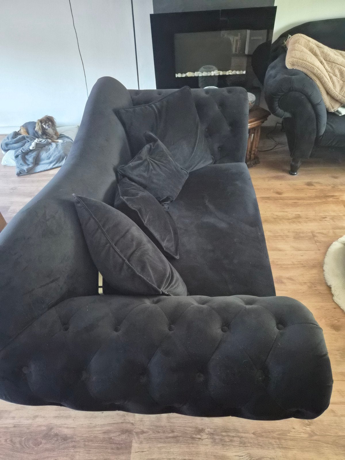 Prachtige Kasteelbank Zwart/Blauw velvet- 3-zits en Loveseat, Ophalen, Driepersoons, Zo goed als nieuw, Rechte bank