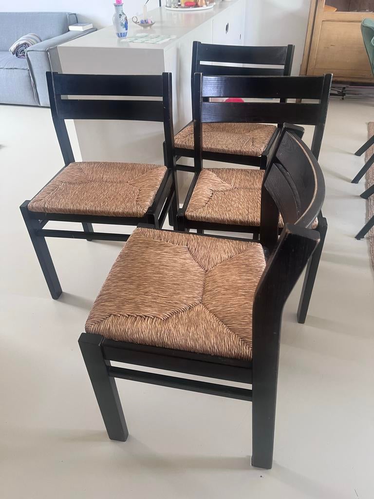 Zweedse houten stoelen met rieten zitting, Huis en Inrichting, Stoelen, Ophalen, Gebruikt, Zwart, Vier