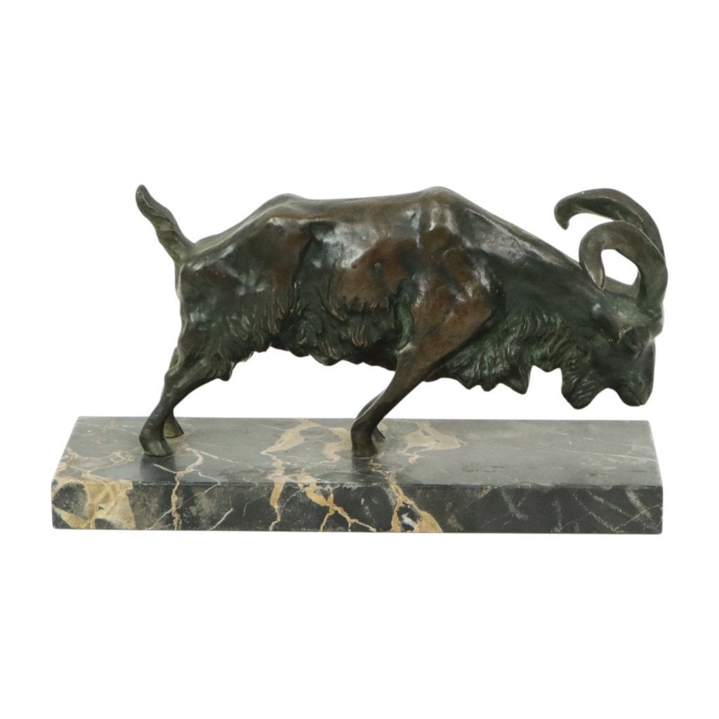 Antiek Bronzen Beeld Diersculptuur Geit Ram Marmer, Antiek en Kunst, Art nouveau, Gepatineerd, Ophalen of Verzenden, 20 - 50 cm