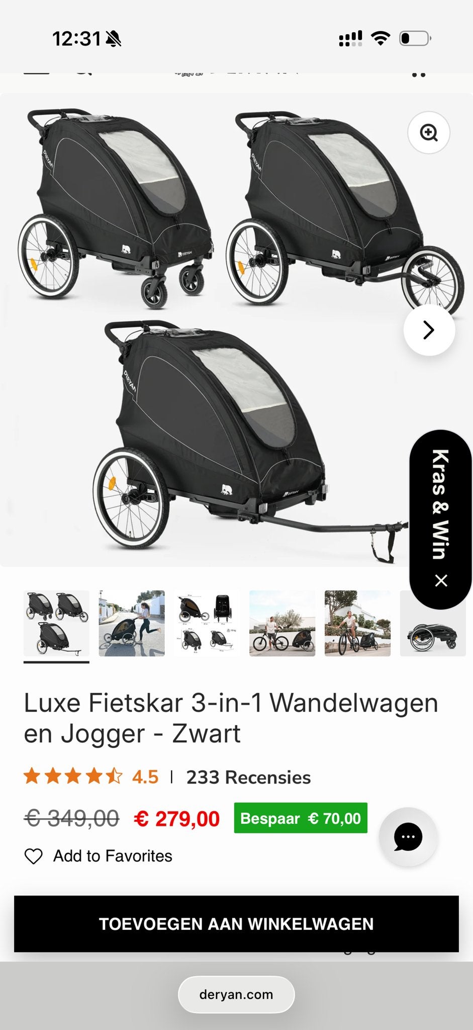 Deryan Luxe 3-in-1 Fietskar, Wandelwagen & Jogger Zwart, Kinderen en Baby's, Ophalen of Verzenden, Zo goed als nieuw