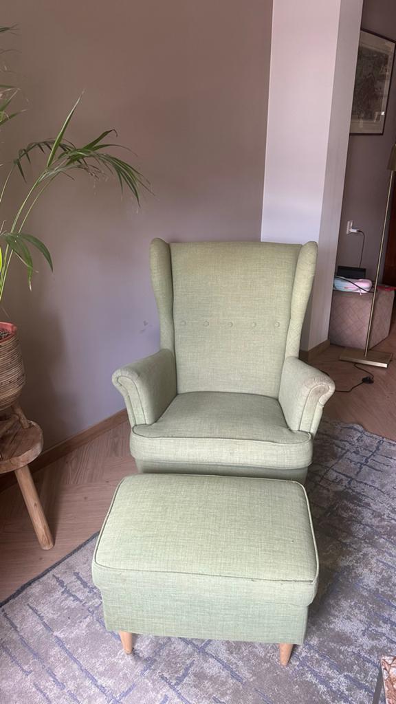 2x IKEA Strandmon Fauteuil met voetenbank - Groen, Huis en Inrichting, Fauteuils, Ophalen, Gebruikt, Stof, 75 tot 100 cm