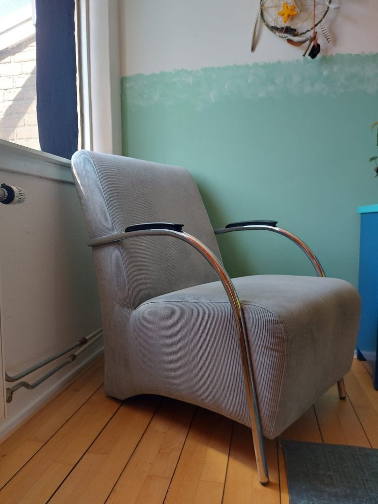 Moderne comfortabele Woood fauteuil Halifox ribcord blauw, Ophalen, 75 tot 100 cm, Zo goed als nieuw, Stof