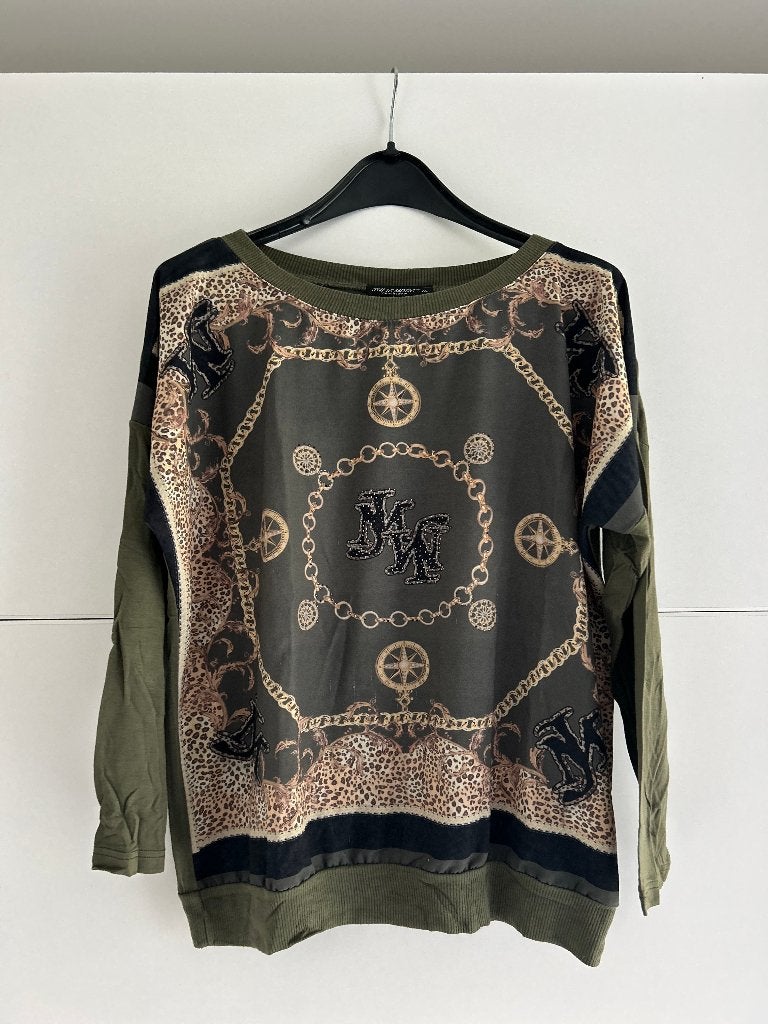 Julie Mode kaki pull met print, Kleding | Dames, Julie Mode, Maat 46/48 (XL) of groter, Ophalen of Verzenden, Zo goed als nieuw