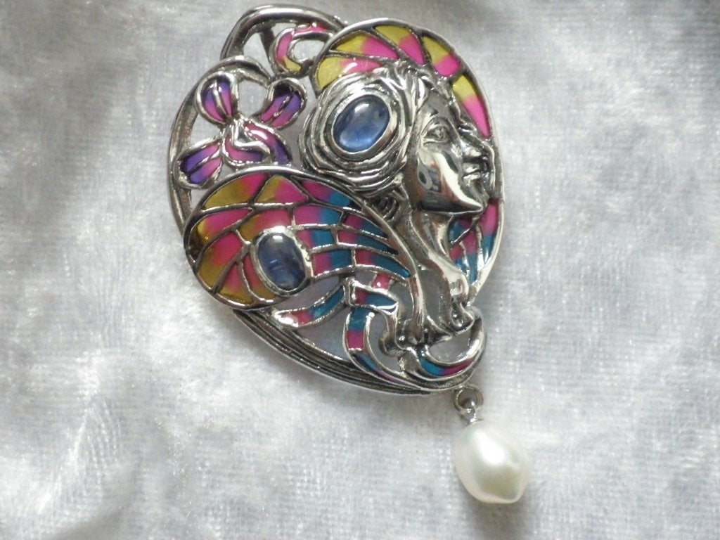 Prachtige Zilveren Tiffany Jugendstil Hanger / Broche - Blau, Verzenden, Zilver, Ring, Met edelsteen