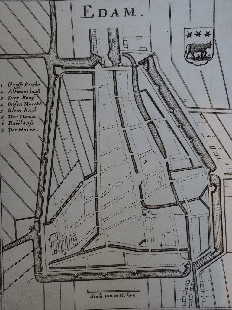 gravure plattegrond Edam en Leerdam, Caspar Merian, 1670, Cartografie, Gravure, Origineel, 1600 - 1699