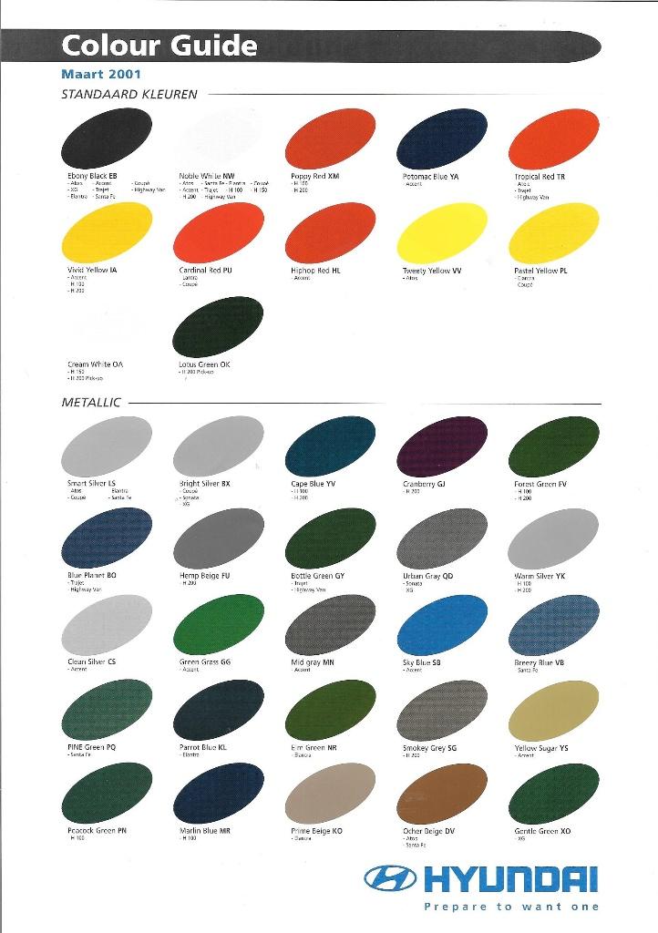 Sheet Hyundai kleurenkaart, maart 2001, Ophalen of Verzenden, Nieuw, Overige merken