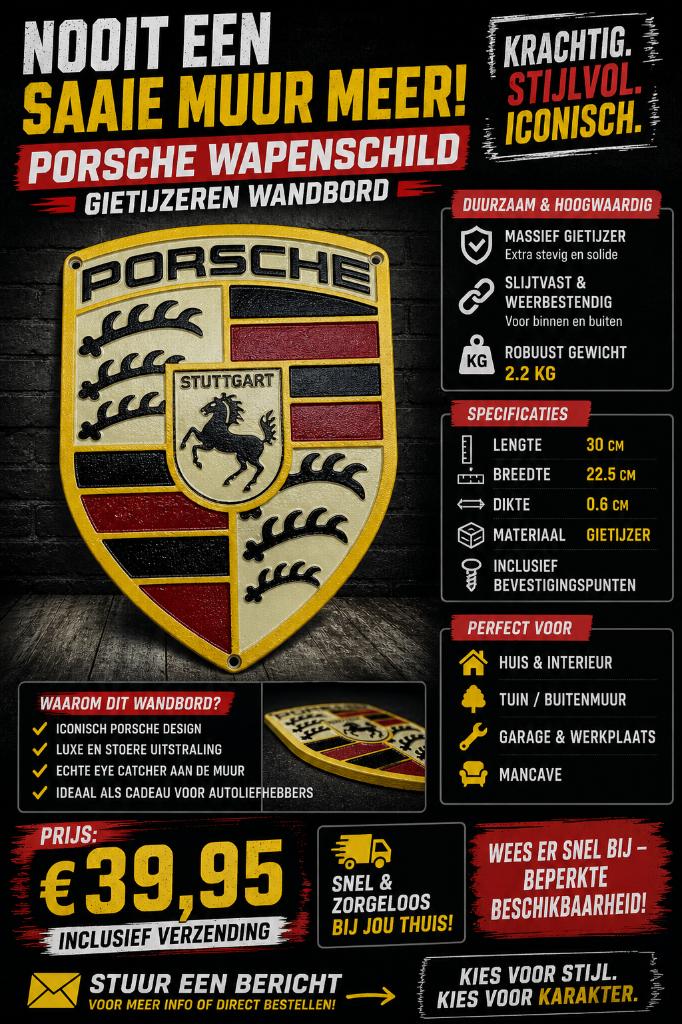 Gietijzeren wandbord wandbord PORSCHE, Metaal, 30 cm, Verzenden, Nieuw