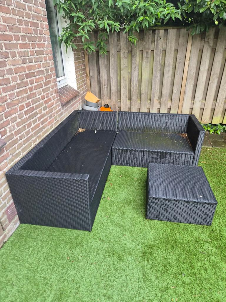 Zwarte Wicker Loungeset (excl. kussens), Tuin en Terras, Tuinsets en Loungesets, Gebruikt, Loungeset, Wicker, 4 zitplaatsen, Bank