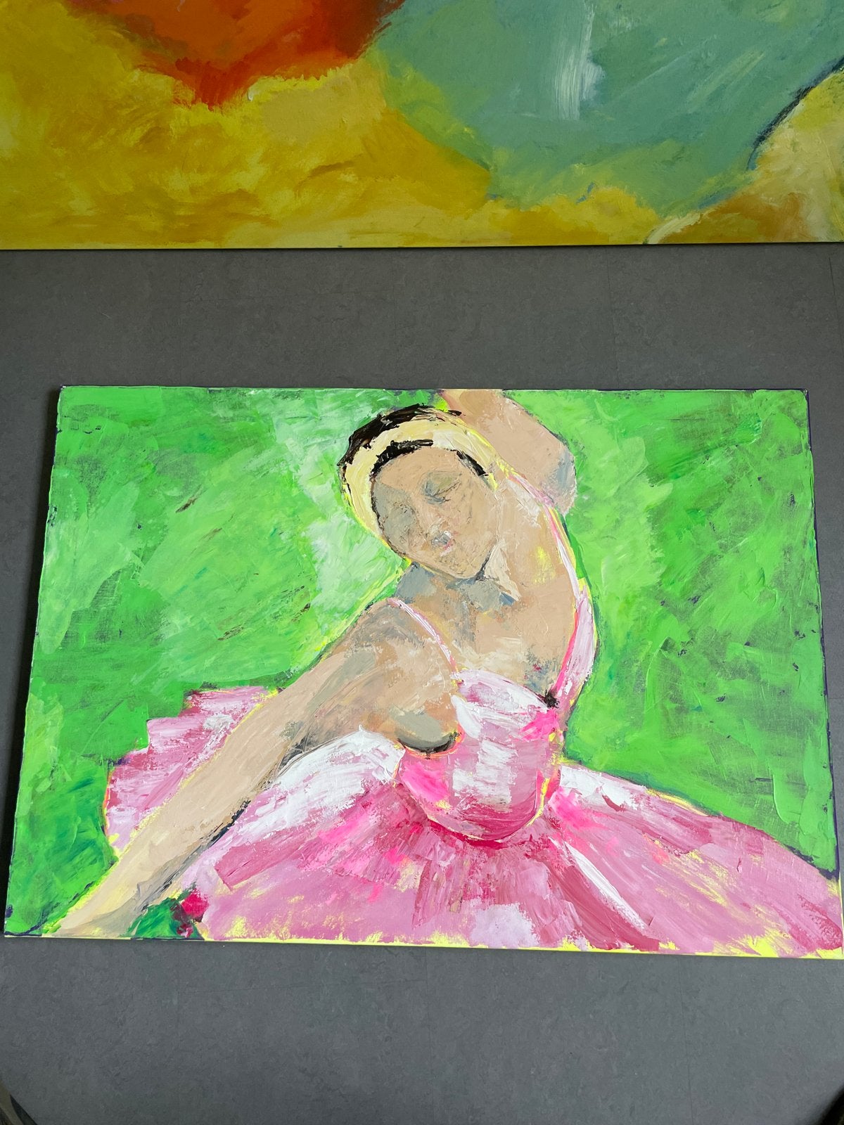 Schilderij Ballerina in Roze en Groen (70x100 cm), Ophalen