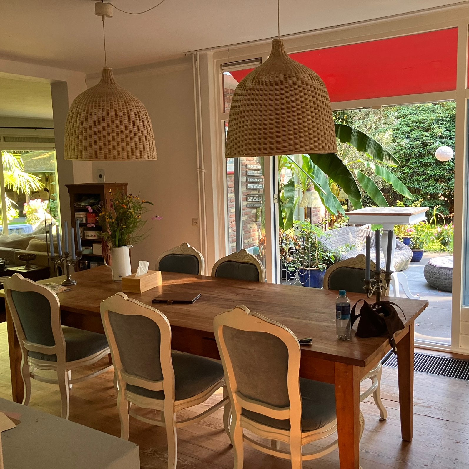 Set van 2 Vintage IKEA LERAN Rotan Hanglampen, Ophalen, Gebruikt, Natuurlijk materiaal, E27 (groot)
