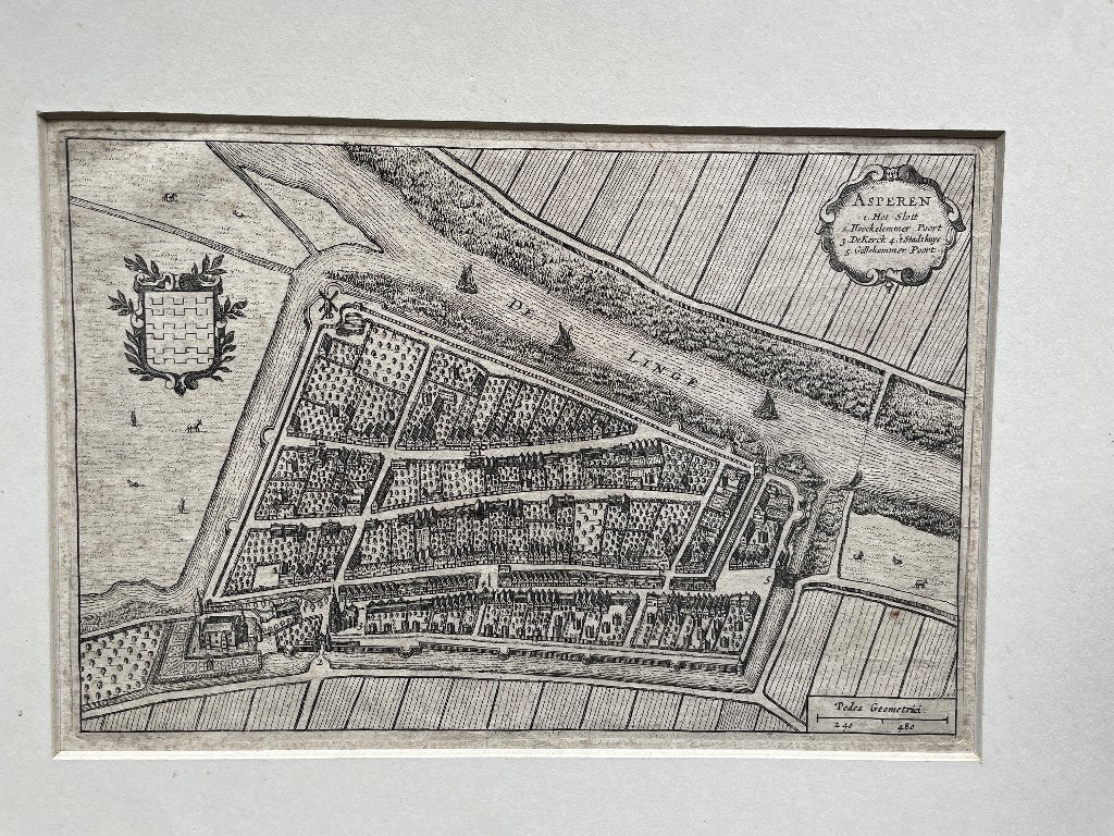Joan Blaeu Kopergravure Vestingstad Asperen 1632-1649, Antiek en Kunst, Cartografie, Gravure, 16 cm, 24 cm