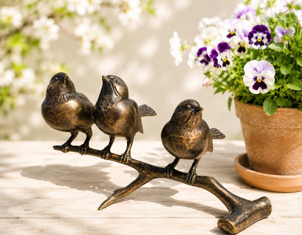 3 VOGELS OP TAK / BRONZEN TUINBEELD / MUSSEN, Dierenbeeld, Nieuw, Info@huisentuindecoratiemarie.nl, Huis en tuin decoratie marie