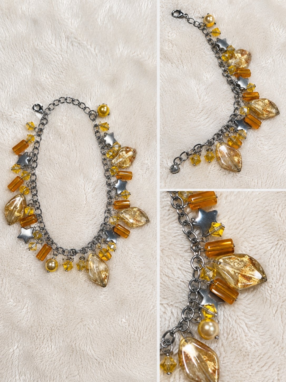 Gouden en zilveren bedelarmband met sterren en bladeren, Sieraden, Tassen en Uiterlijk, Armbanden, Overige materialen, Gebruikt