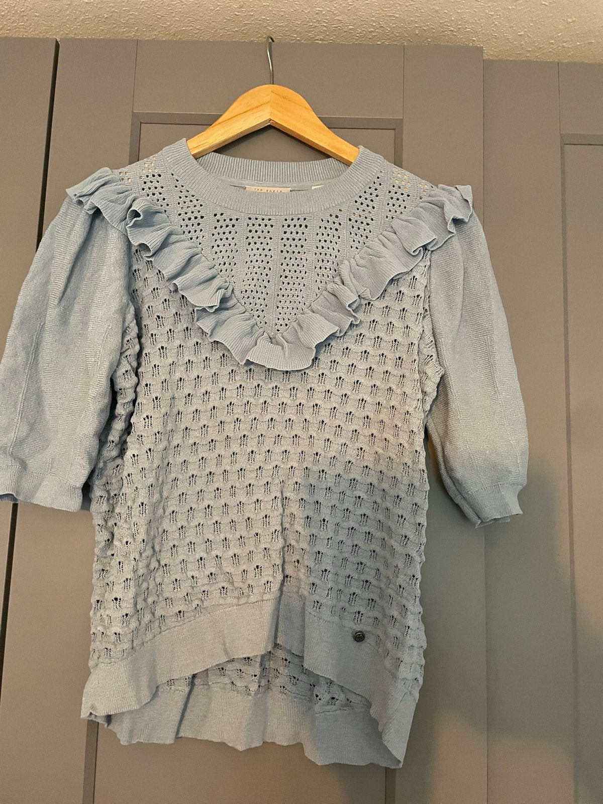 Ted baker gehaakte gebreide top licht blauw mt 3 / 40, Maat 38/40 (M), Zo goed als nieuw, Korte mouw, Verzenden