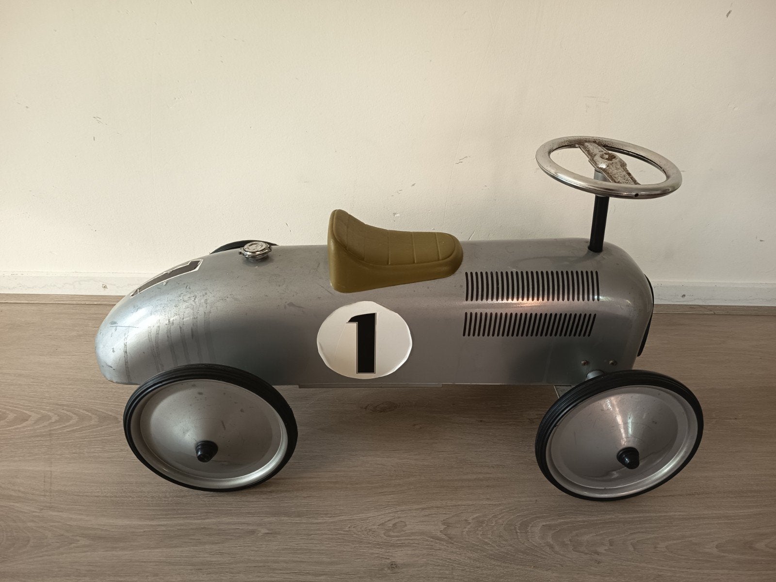 Vintage Trapauto Raceauto Nr. 1 - Zilver, Ophalen of Verzenden, Gebruikt
