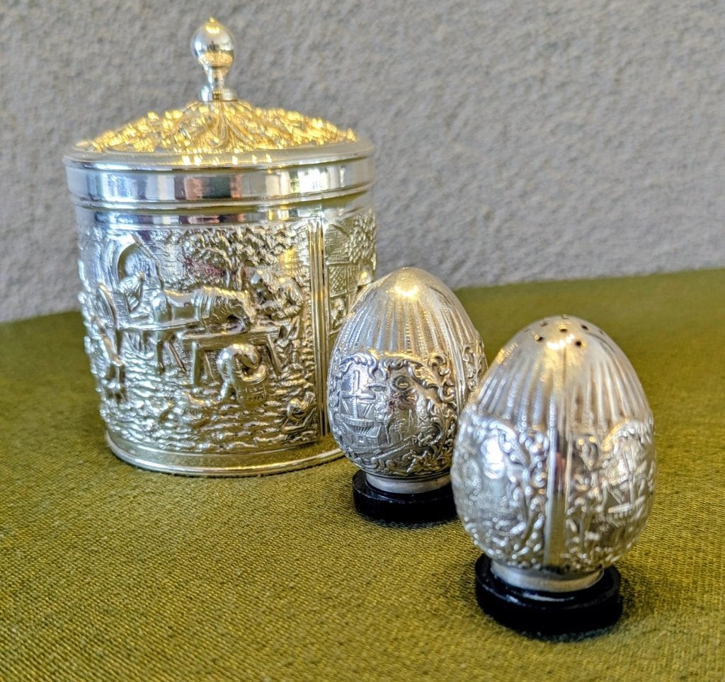 Hooijkaas verzilverde theebus en peper en zoutstel, Ophalen of Verzenden, Zilver